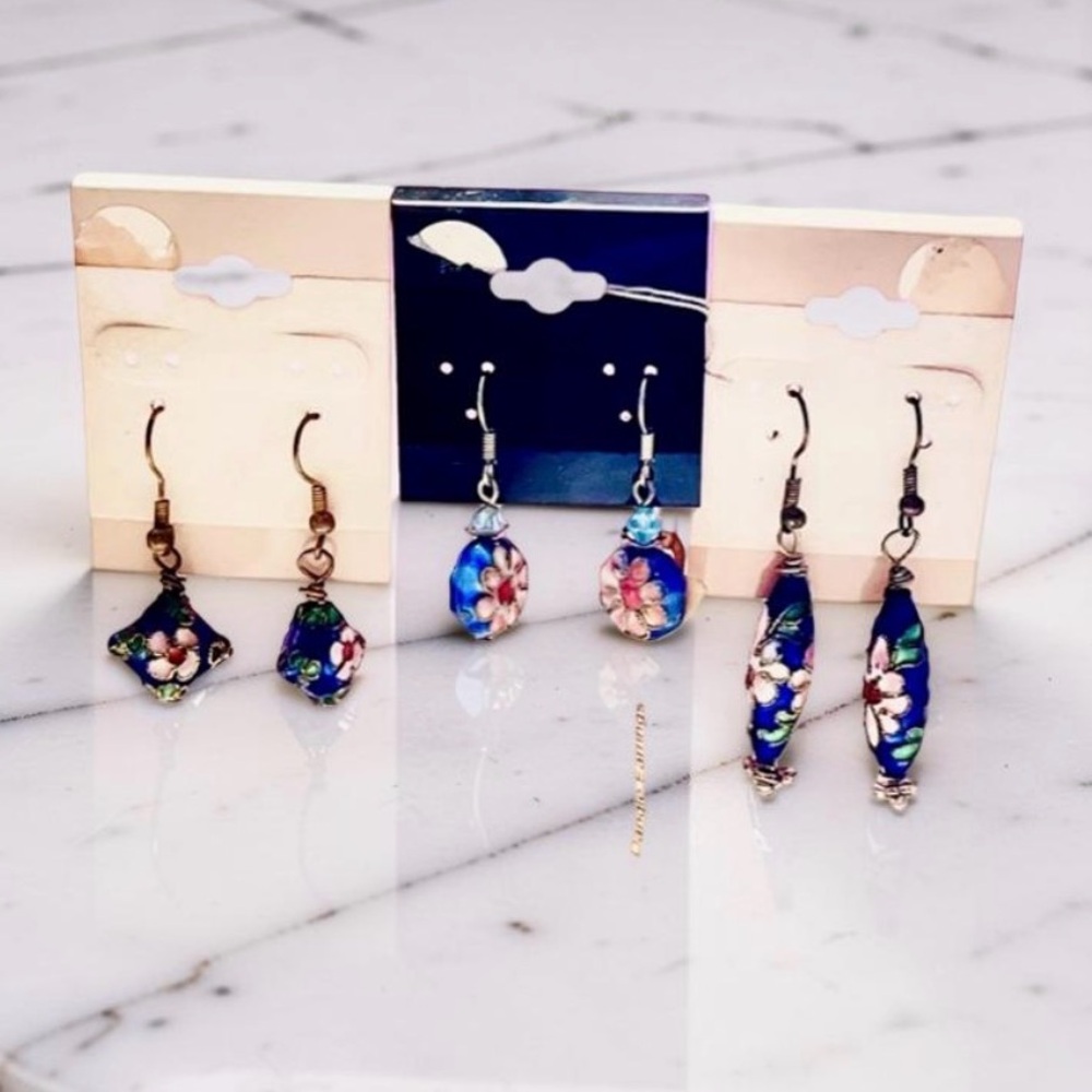 Cloisonne Floral Earrings Vintage enamel-floral-Dangle Earrings Set of 3